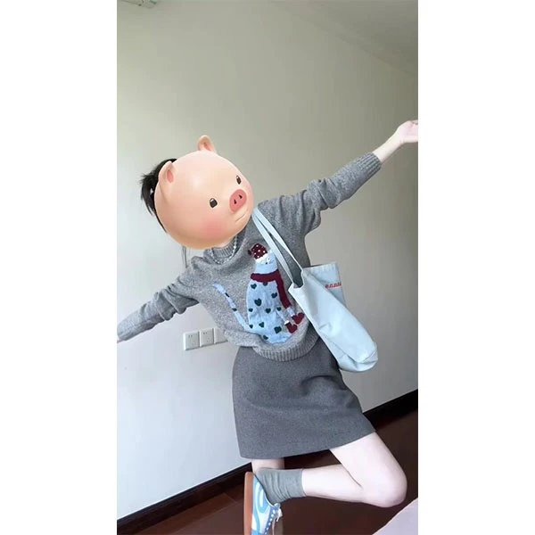韩系秋季穿搭独特超好看宽松灰色印花长袖针织毛衣女+裙子套装