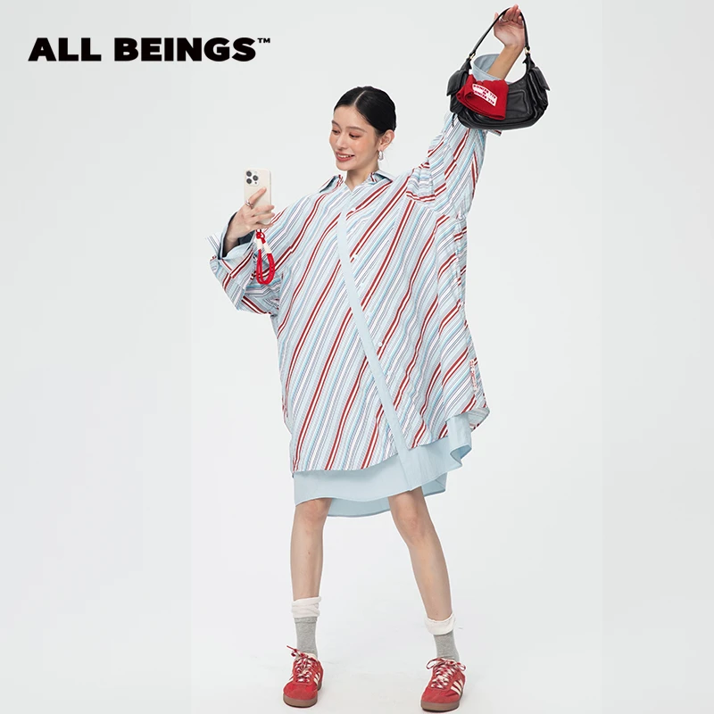 ALL BEINGS【反季福利】蓝色彩条大廓形叠拼衬衫撞色连衣裙