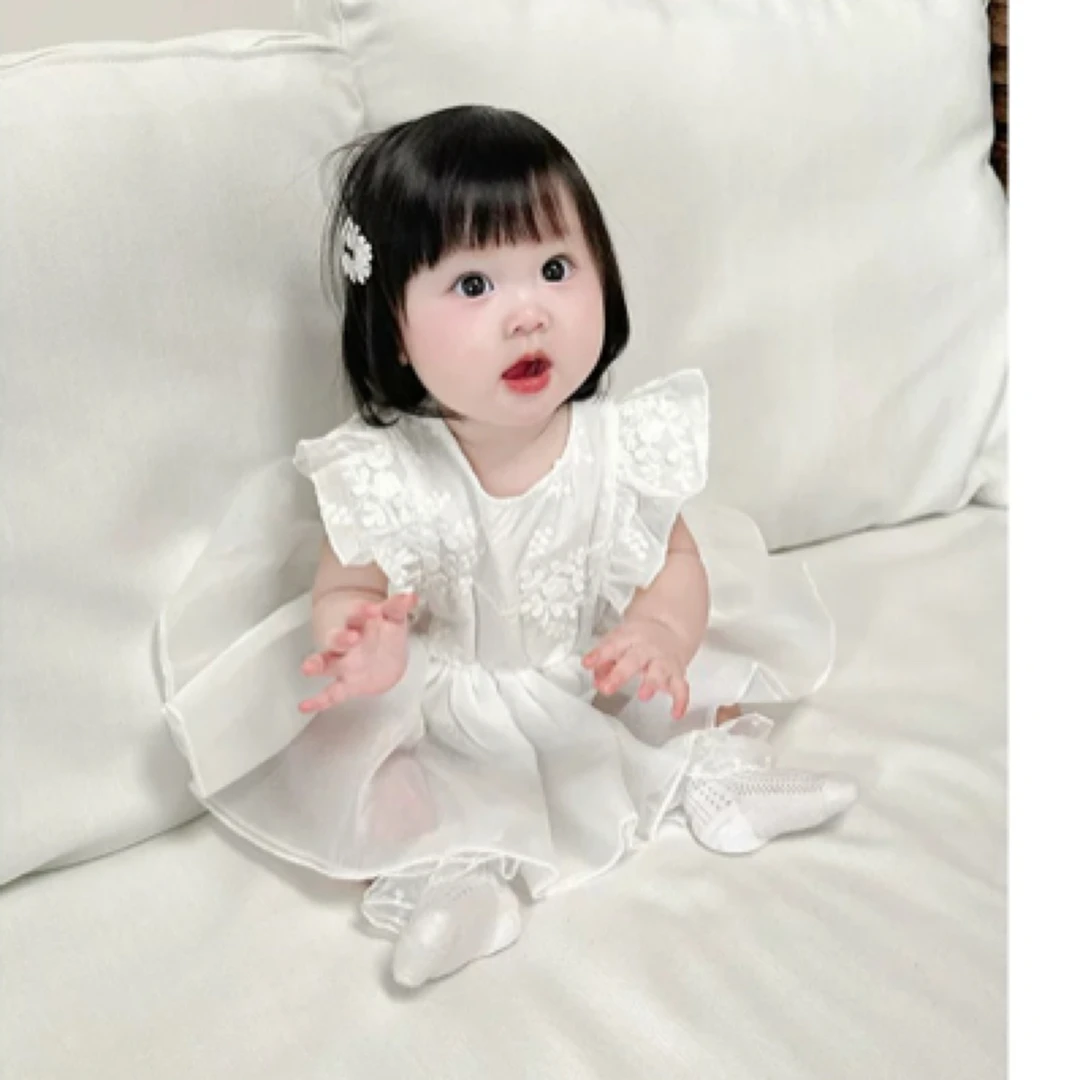 【白雪公主】韩版童装婴童无袖网纱哈衣裙女宝宝周岁宴绣花纯棉包屁