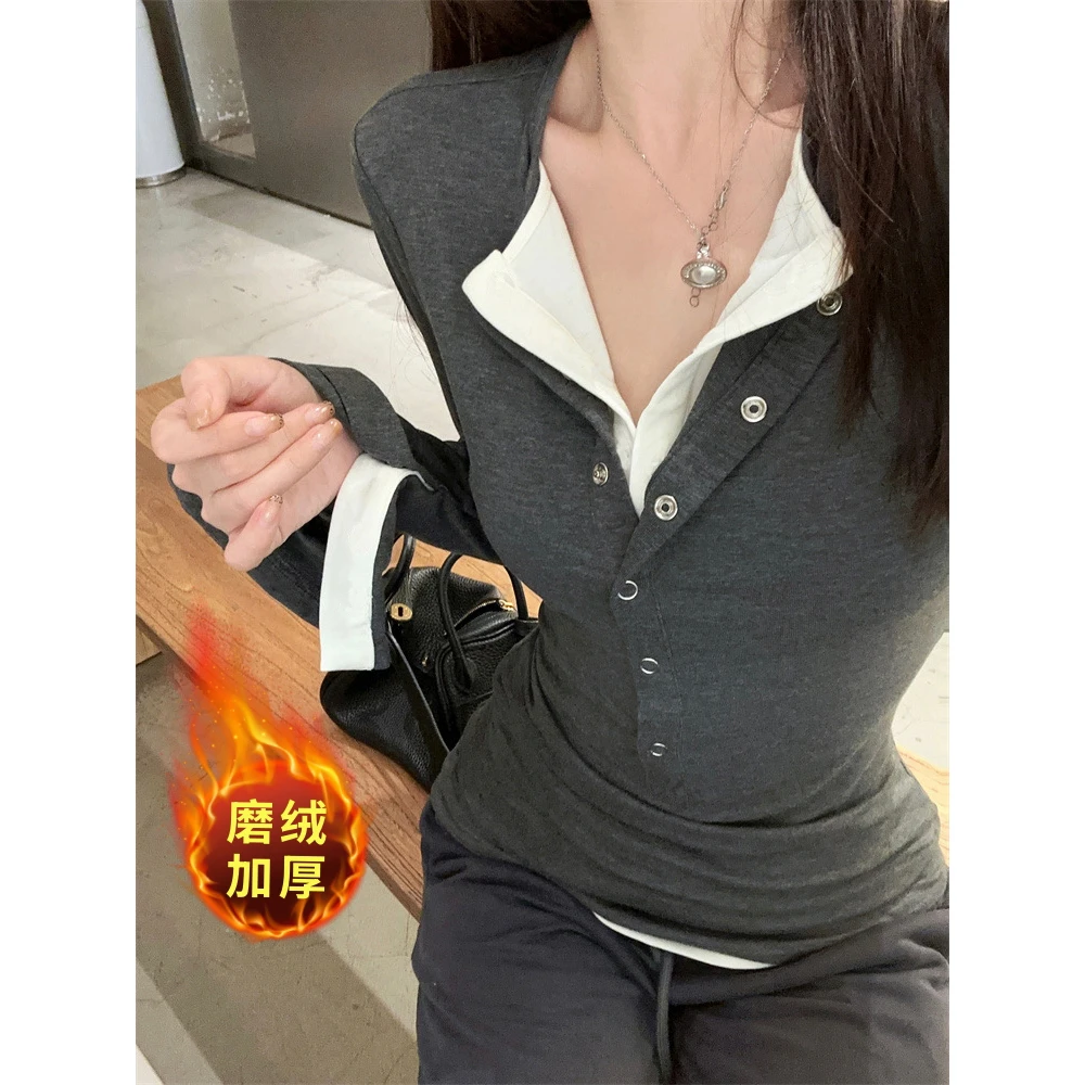 胖mm秋冬磨绒加厚保暖内搭设计感假两件正肩遮肉显瘦长袖08005