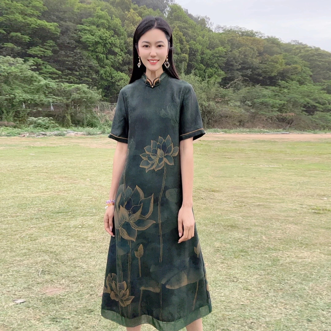 浒城古娘国风中式复古桑蚕丝气质女士短袖百搭连衣裙WB2504455