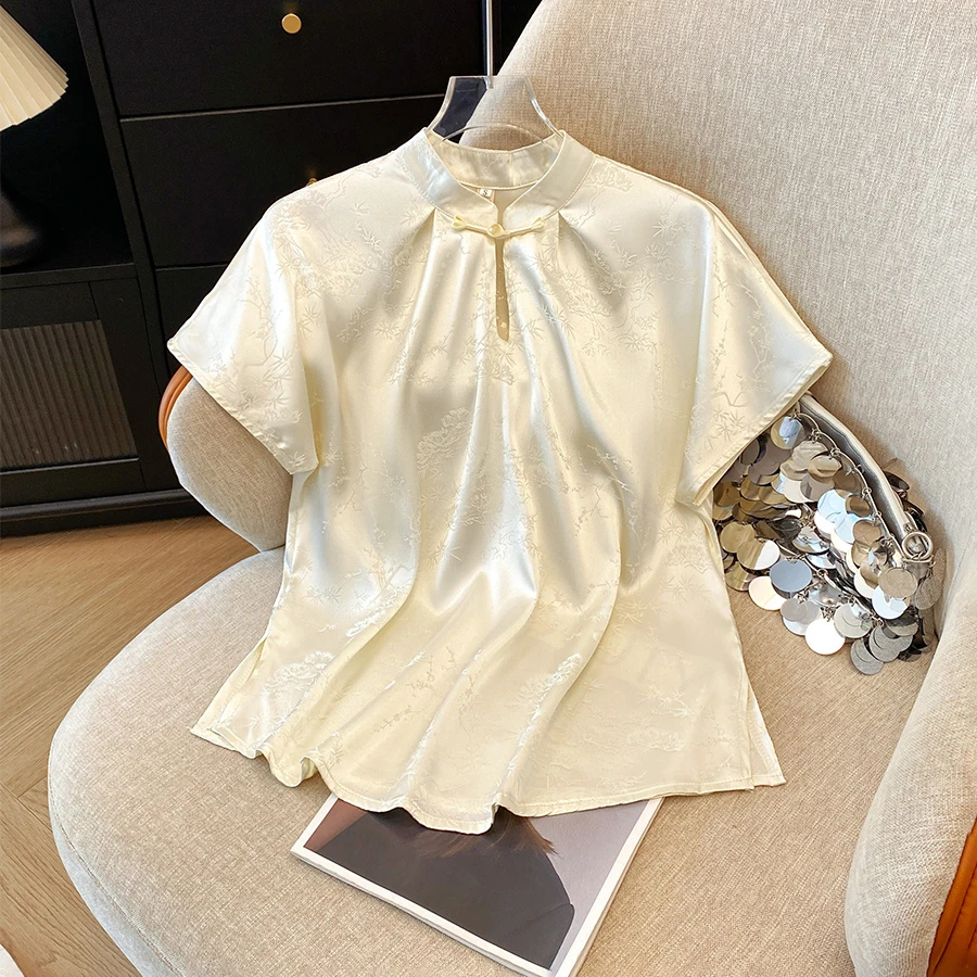 新中式国风复古手工盘扣提花缎面短袖2025夏季新品高端淑女衬衫潮