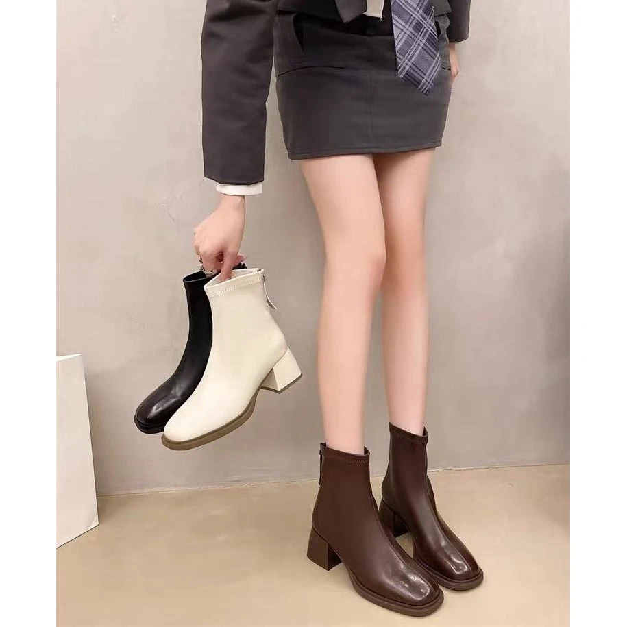 一L秋冬新款韩版通勤瘦瘦简约粗跟裸靴短靴1906-1(不薄绒)