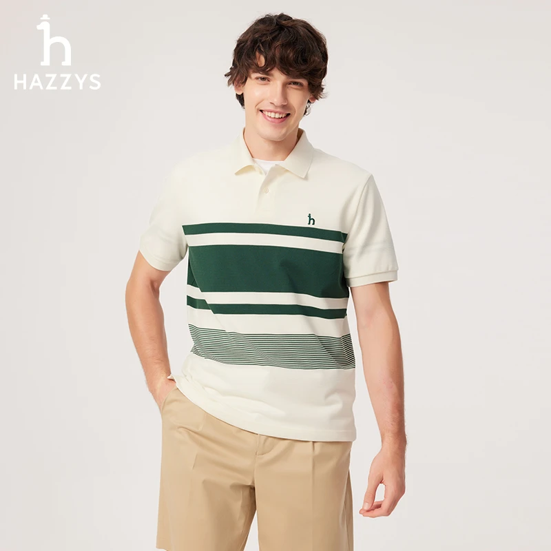 Hazzys哈吉斯条纹夏季短袖Polo衫休闲男装男士T恤