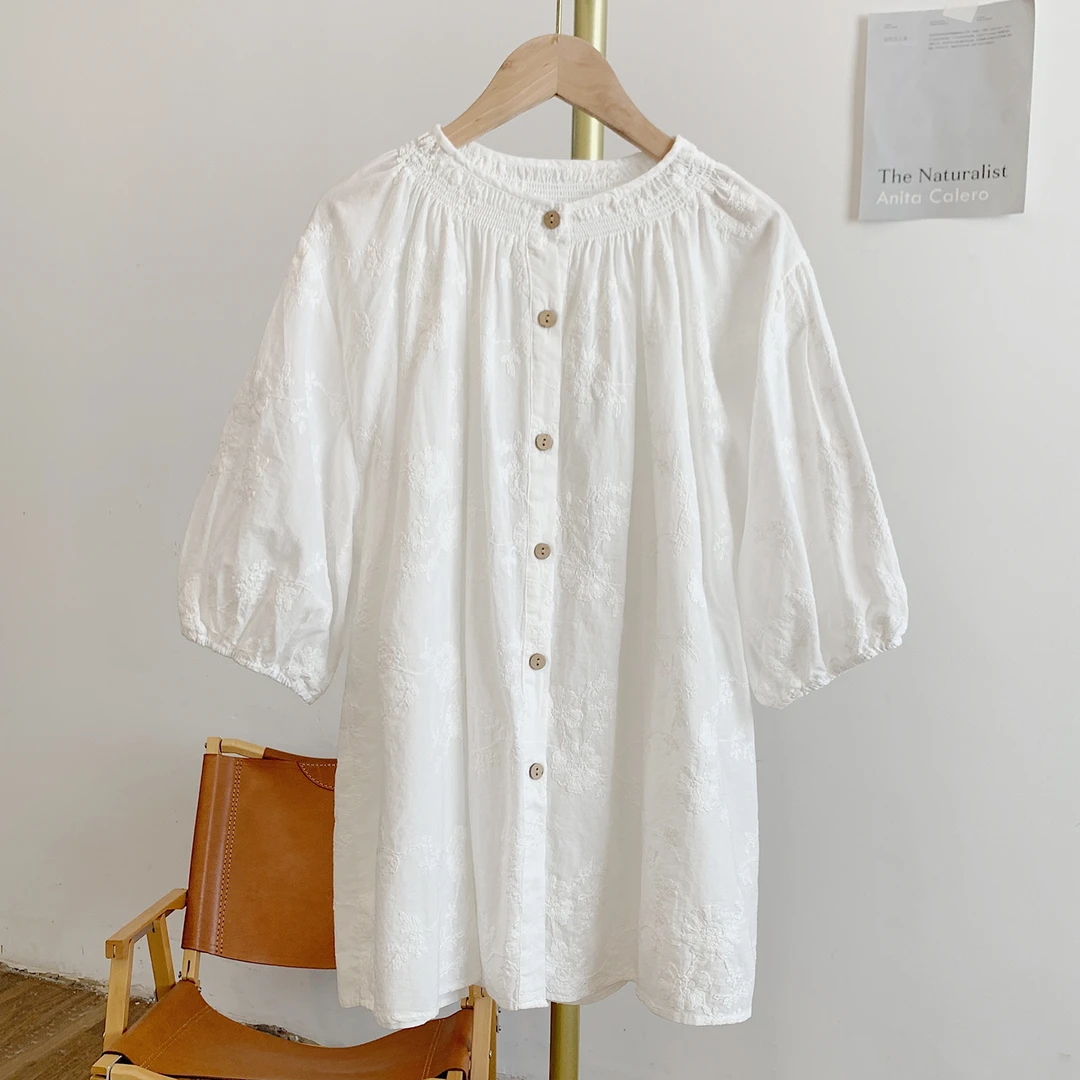 C0645刺绣提花全开扣圆领短袖衬衫