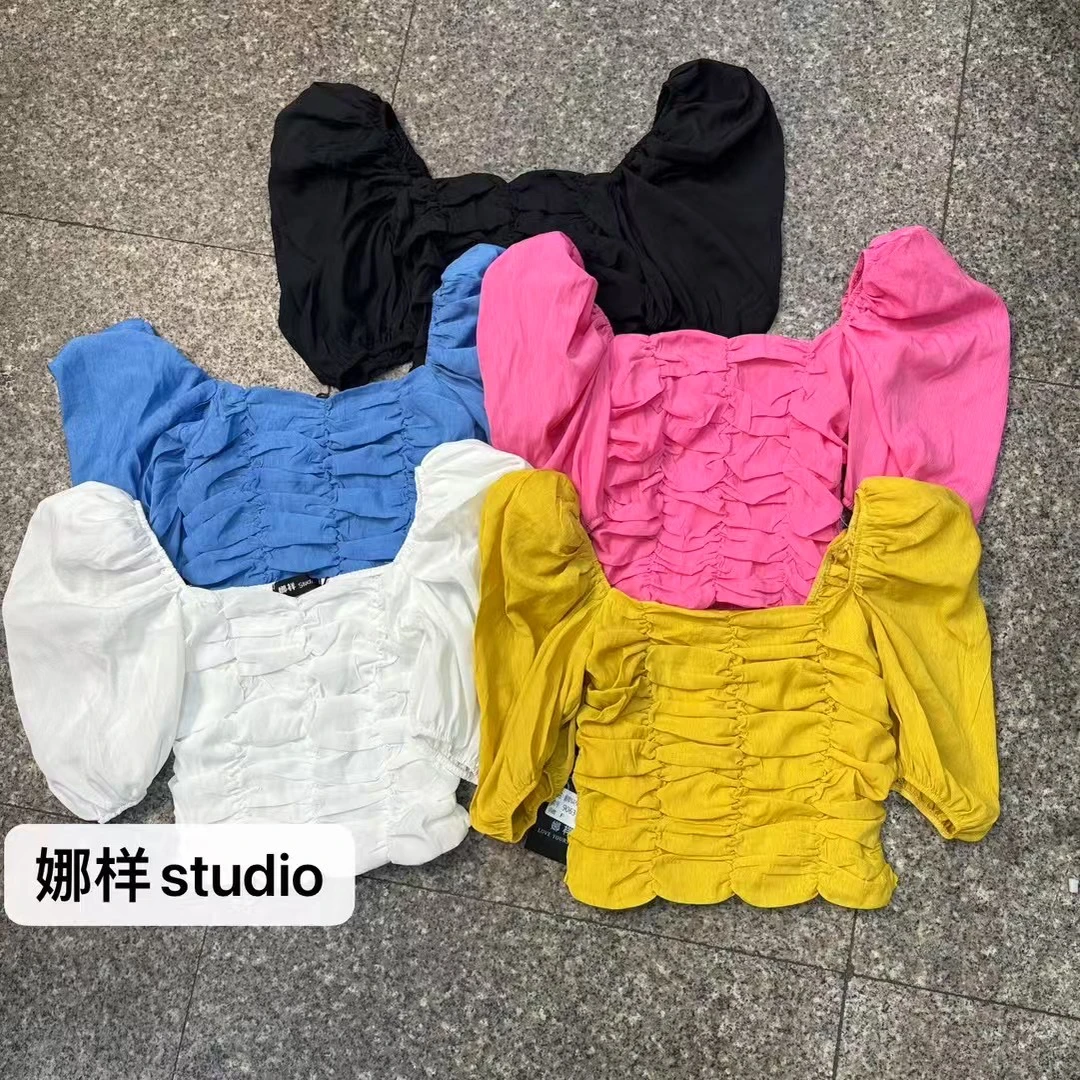 2025夏季新款韩版时尚百搭方领褶皱泡泡袖糖果色衬衫上衣女