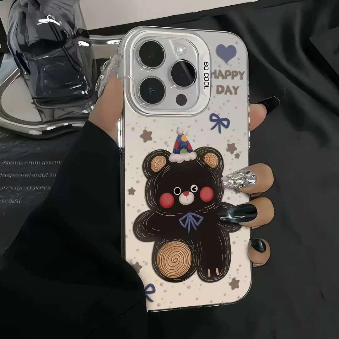 小熊适用于苹果16promax手机壳防摔iPhone15创意卡通13彩银磨砂壳