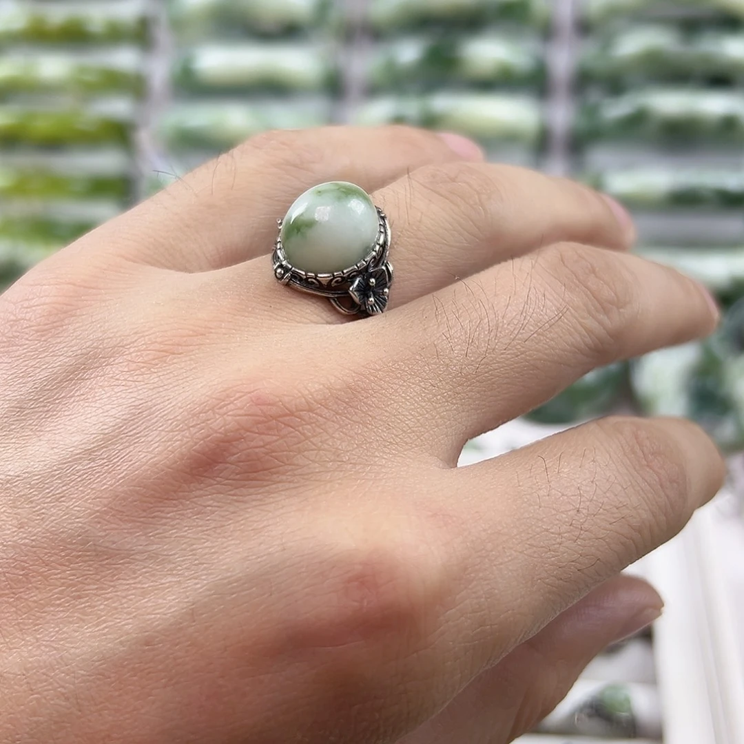 蛇纹石玉银S925镶嵌戒指