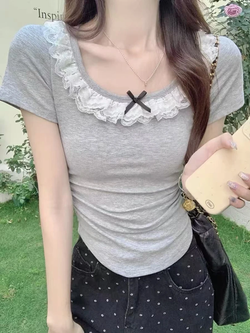 法式T恤女夏季新款洋气U形摆时尚蝴蝶结蕾丝花边圆领修身短袖上衣