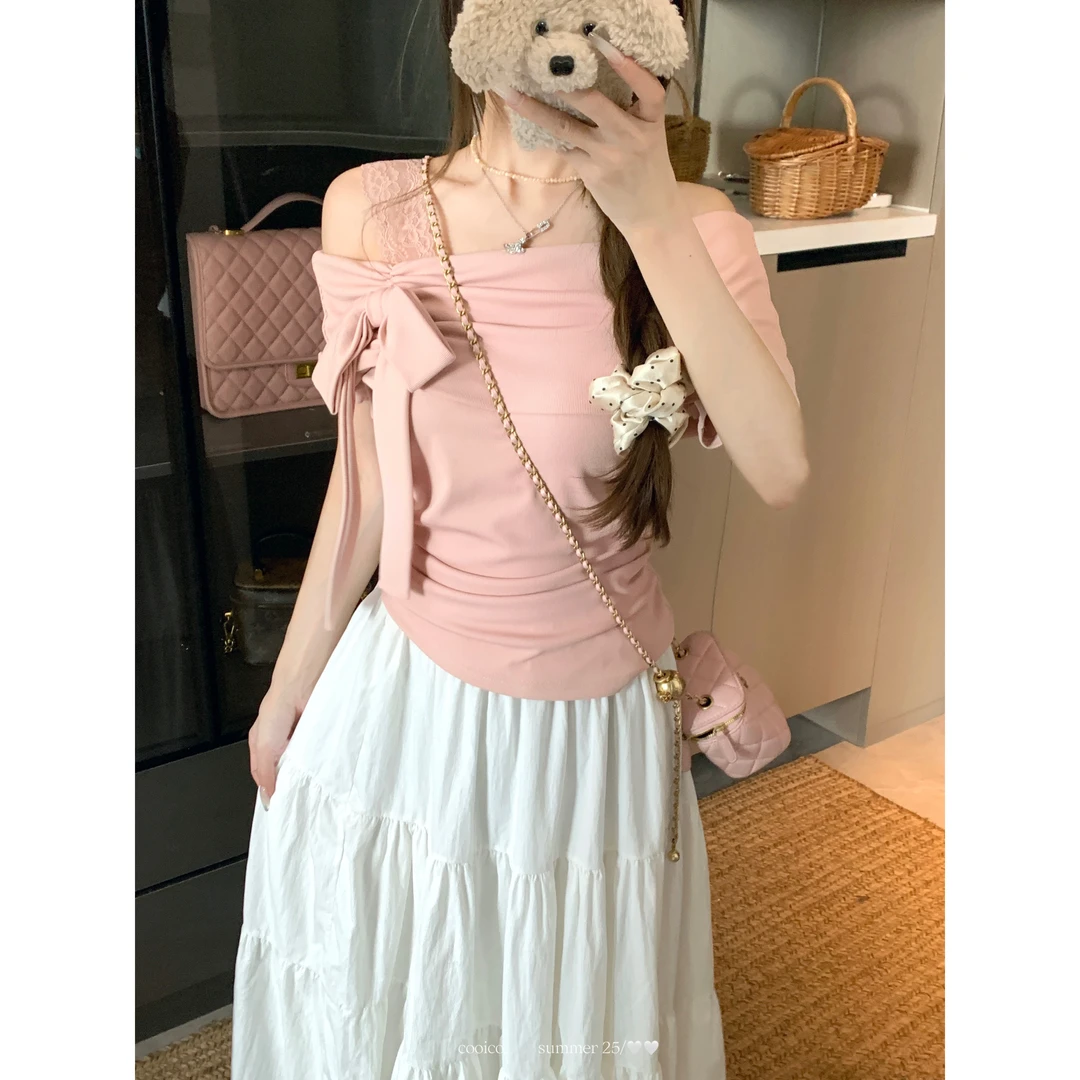 【圆圆脸】一字肩纯欲T恤女夏季大码胖MM蝴蝶结露肩短袖甜妹上衣女