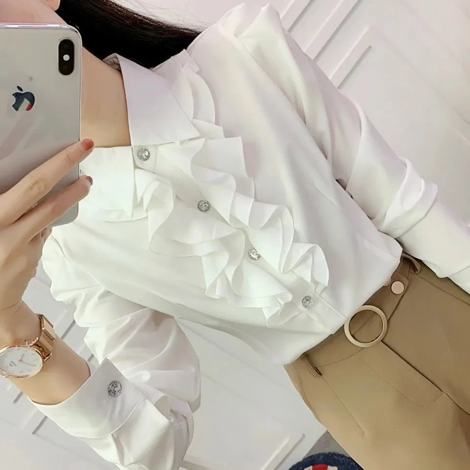 新款气质时尚休闲衬衫长袖女春季韩版职业装白领工作服荷叶边上衣