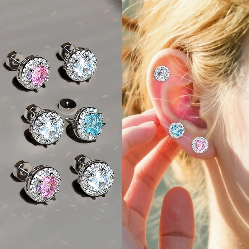 黄铜合成锆石耳饰 超闪组合925纯银针耳骨钉女圆形平底螺丝拧扣