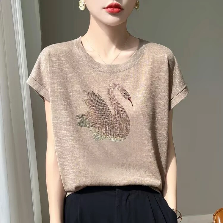 2025夏季时尚新款圆领休闲针织短袖T恤女烫钻宽松百搭洋气打底T恤