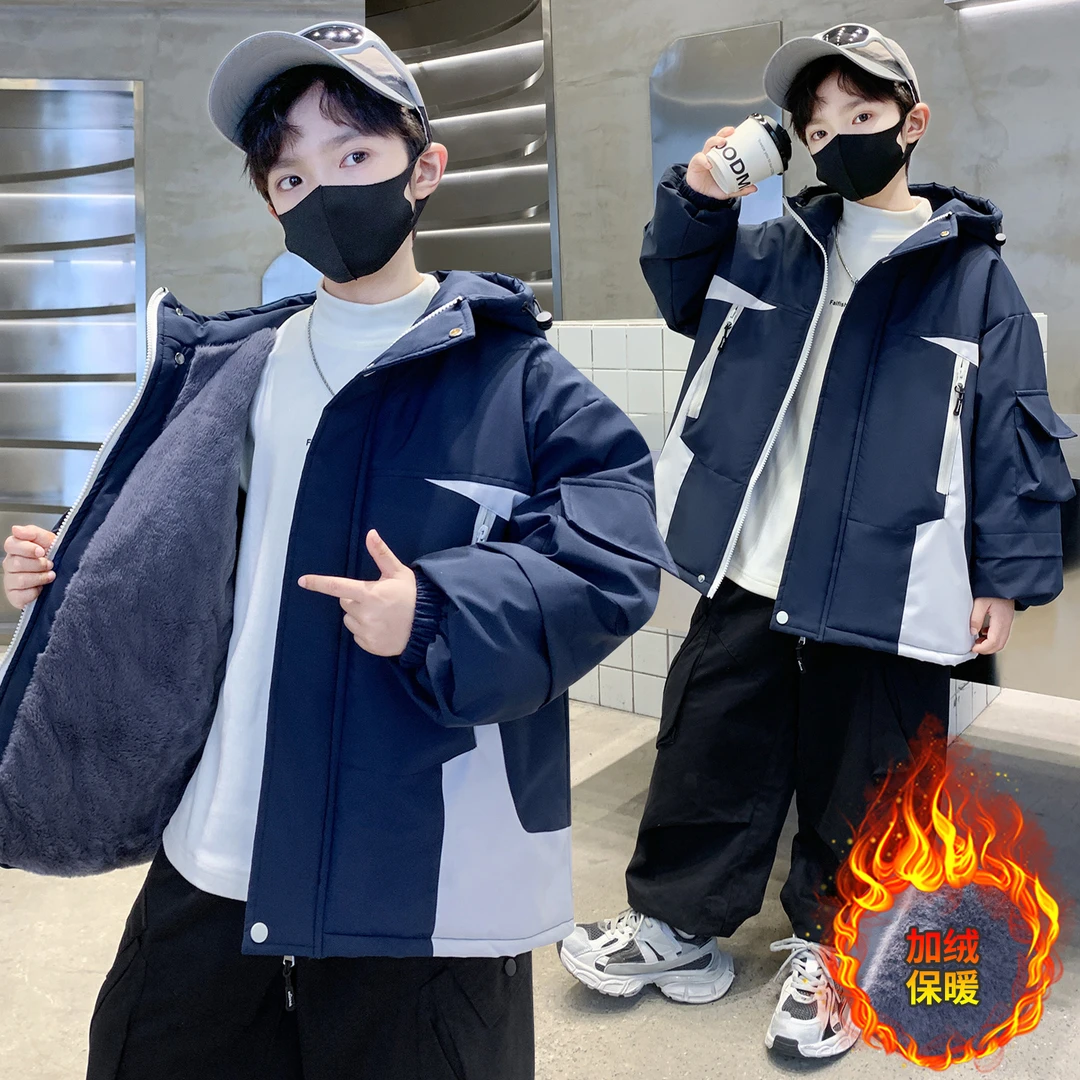 男童秋冬款外套加绒加厚2025新款大童冬装儿童拼接男孩二棉冲锋衣