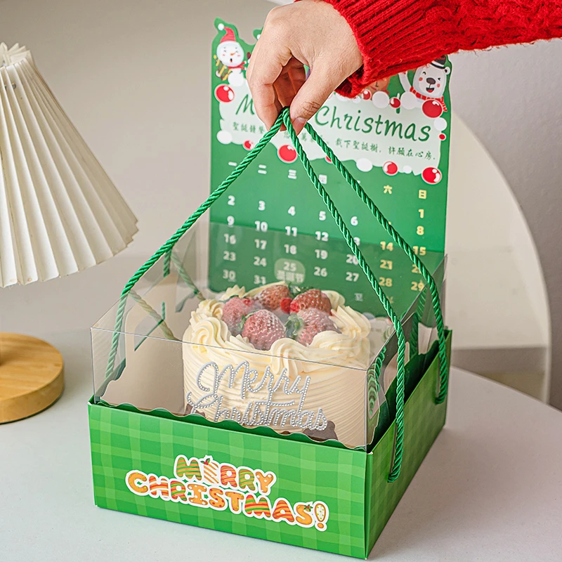 圣诞节网红日历手提蛋糕盒6寸包装盒圣诞快乐平安夜烘焙打包盒