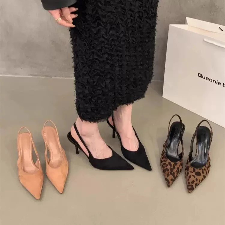 黑色新款春秋季尖头高跟鞋女小众凉拖女法式凉鞋气质单鞋2025女鞋