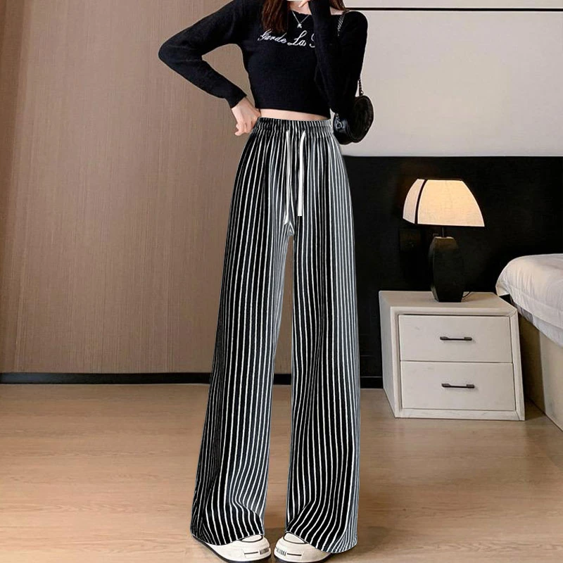 黑白竖条纹阔腿裤女夏季休闲新款显瘦宽松时尚高腰长裤