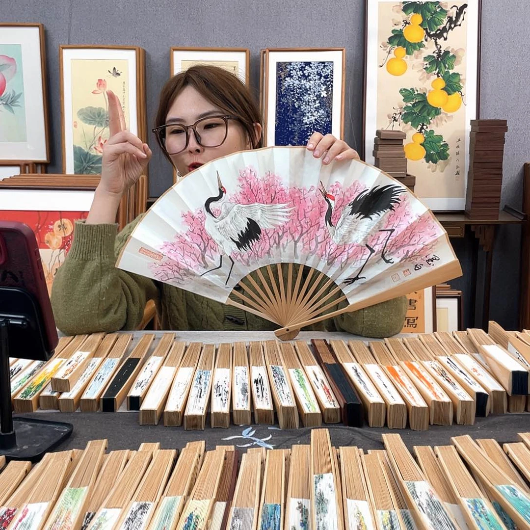 国画10寸玉竹-纯手绘-文玩扇骨（默认粘好）