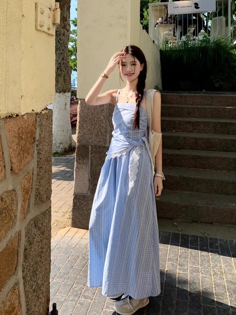 气质蓝白格显瘦收腰口袋A字抹胸吊带连衣裙