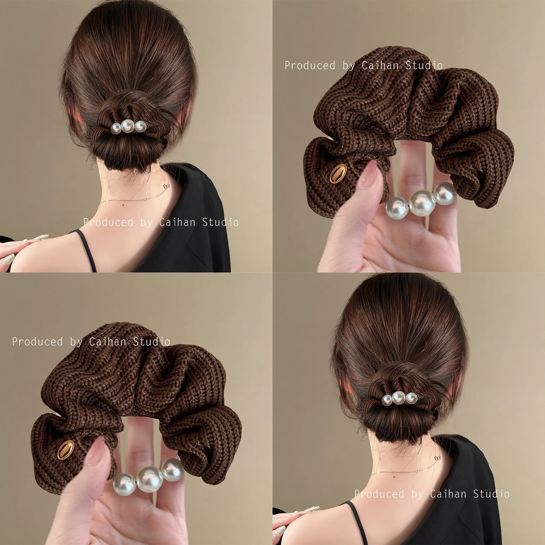 焦香布蕾~复古秋冬珍珠毛线发圈女高级感慵懒风丸子头发绳盘发器