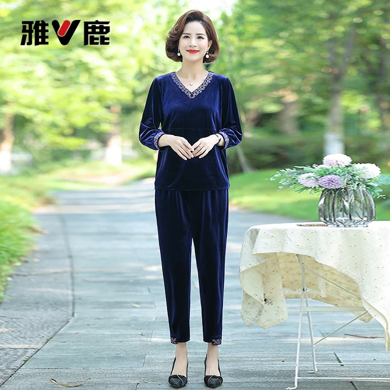 雅鹿优选2025新款阔太太金丝绒套装秋季妈妈高端洋派大尺码宽松遮