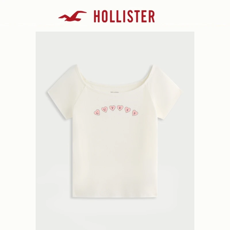 Hollister25夏季辣妹棉质一字肩露肩短袖T恤女装357-4087