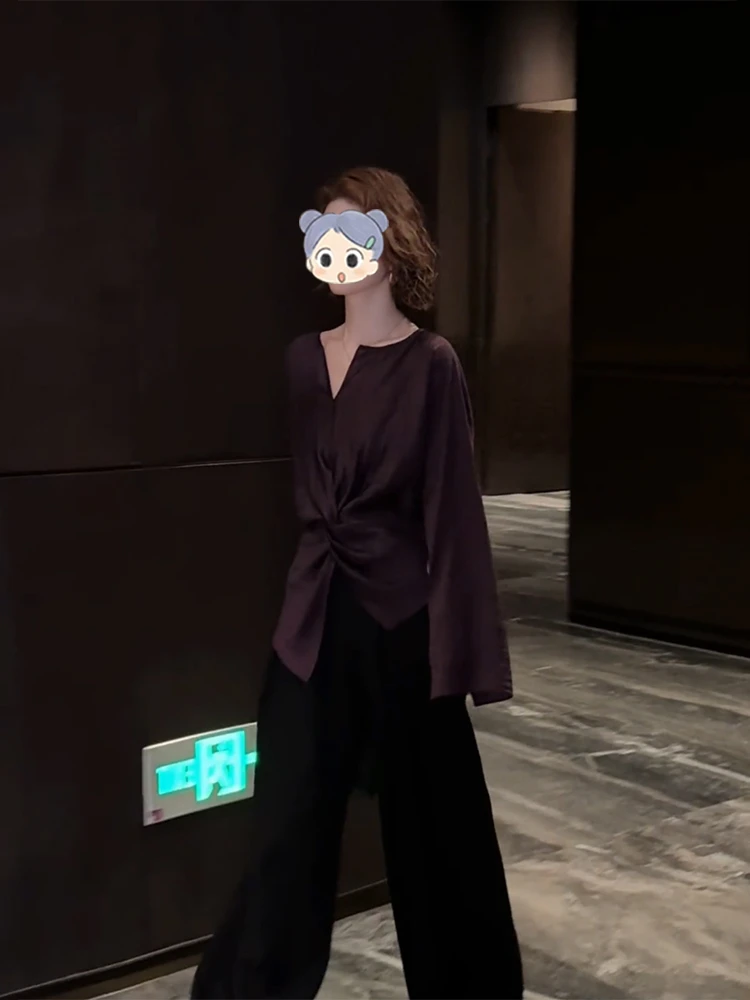 紫色上衣黑色阔腿裤女装2025年秋季新款显瘦气质设计感时尚套装