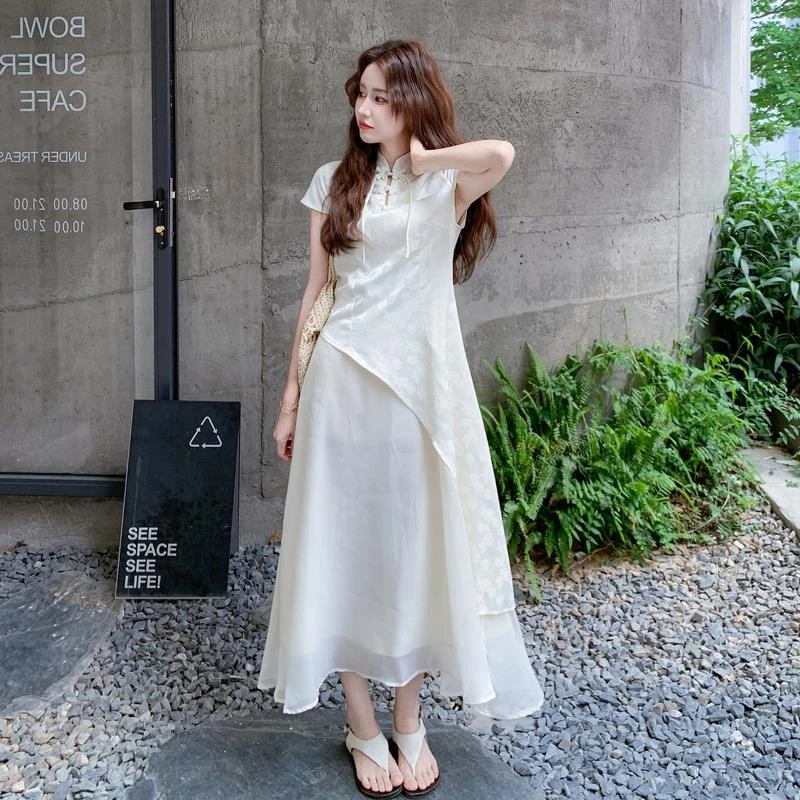 新中式国风假两件拼接连衣裙女2025年夏季新款高级感改良旗袍长裙