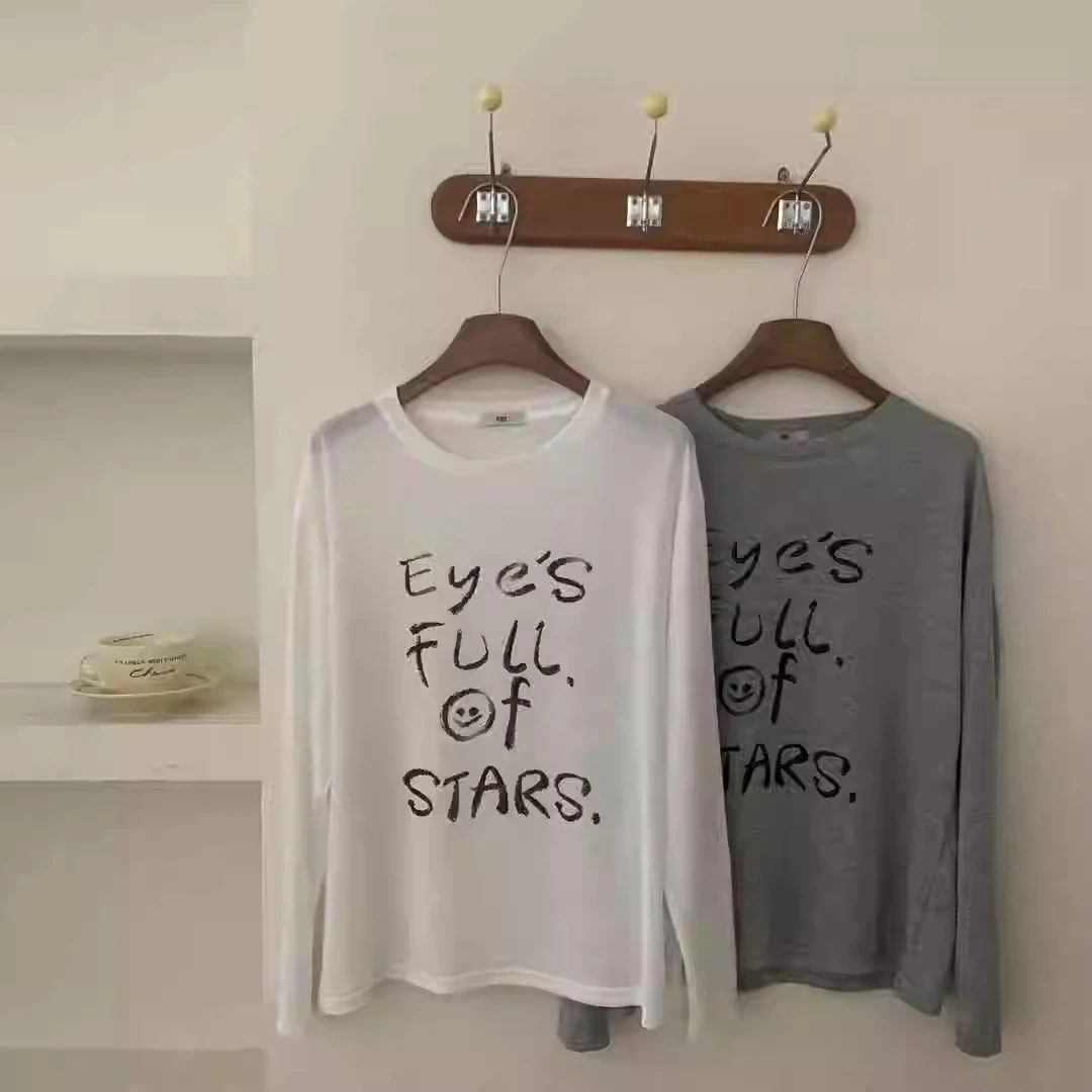 2025夏季新款笑脸字母涂鸦印花清凉透气长袖防晒T恤宽松垂感