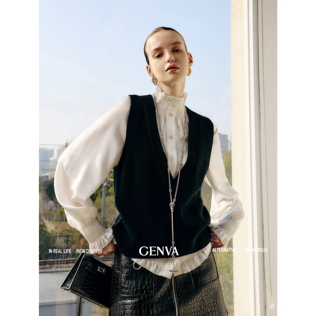 玖着“叠搭神器”100绵羊毛双倍厚度单鱼鳞时髦宽松深V领针织背心