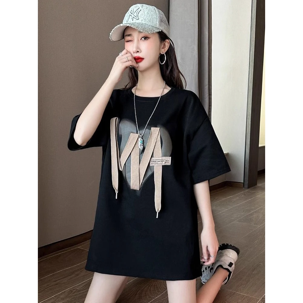 大码%纯棉潮牌短袖恤女设计感夏季年韩版宽松中长款印花上衣夏装