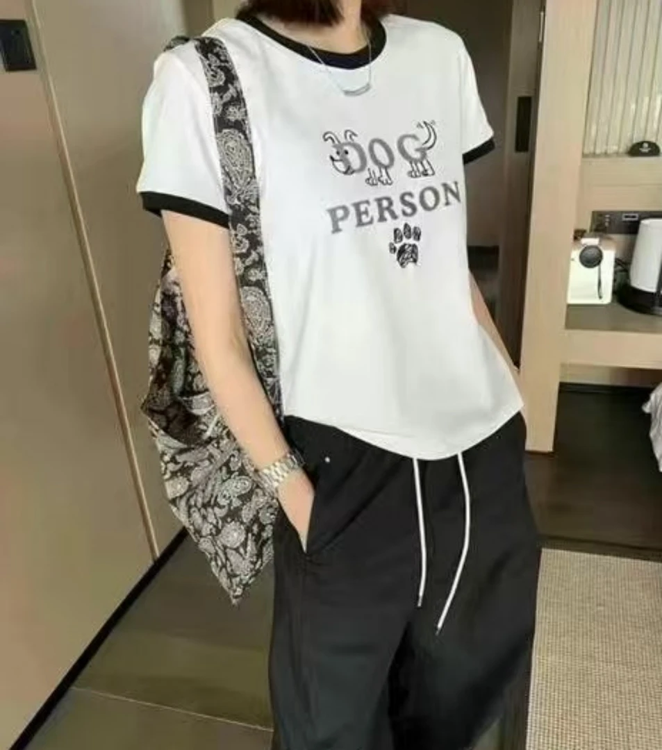 Z.X 小狗刺绣印花撞色拼接短袖T恤 2072（C4）