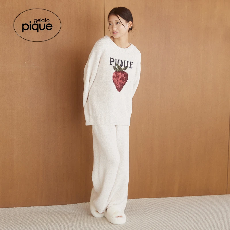 gelato pique25秋冬新品女睡裤半边绒草莓系带长裤PWNP255112
