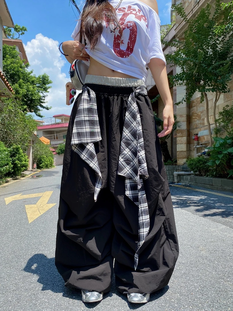 美式叠穿可拆卸格纹拼接阔腿裤女夏季宽松休闲爵士舞垂感拖地长裤