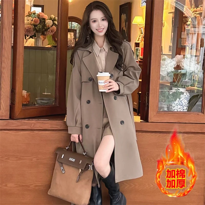 CHUYU专属秋冬季加棉新款气质简约百搭长款夹棉风衣外套8577
