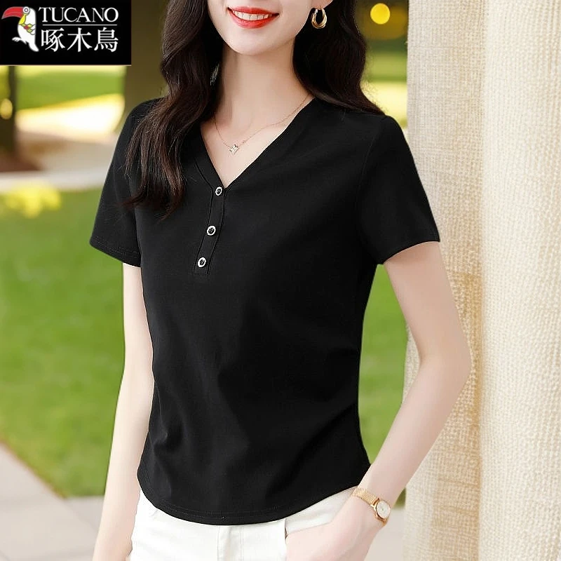 啄木鸟夏季薄款纯色V领短袖小众简约上衣女2025年新款修身显瘦t恤