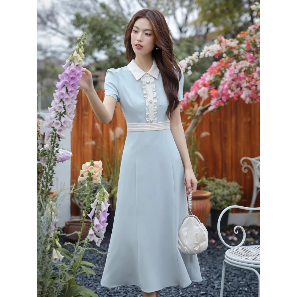 2025新款法式温柔气质御姐蓝色连衣裙女夏小个子绝美收腰显瘦长裙