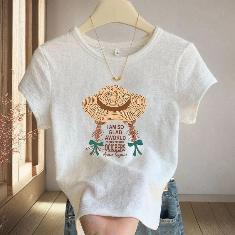 2025夏季短袖新款竹节棉印花百搭白色t恤小个子圆领女士短款上衣