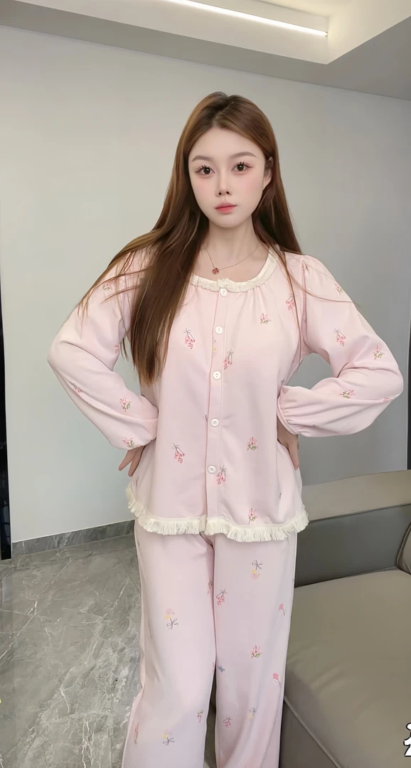 秋冬厚款睡衣带胸垫粉色碎花花边可外穿防静电睡衣家居服甜美系列