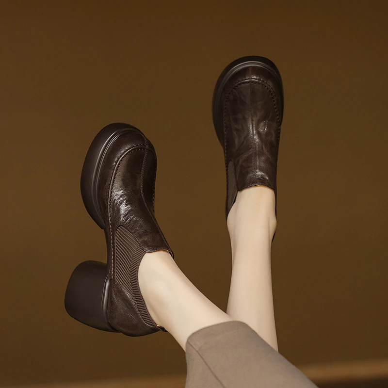 羊皮8公分/春秋小圆头粗跟复古乐福鞋女百搭休闲深口单鞋小皮鞋