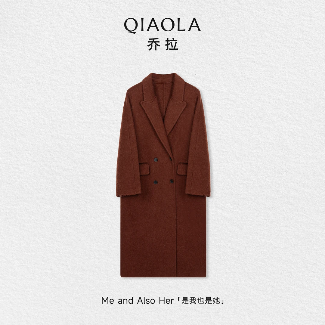 QIAOLA/乔拉【暖褐流年】秋冬毛呢垂坠感翻领双排扣长款大衣外套
