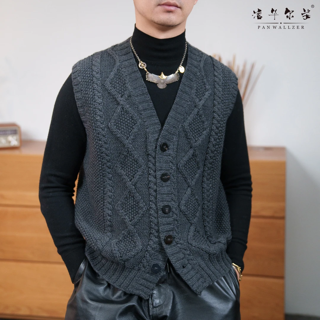 潘华尔姿春秋新款手工编织定制经典时尚V领开衫背心马甲男款百搭