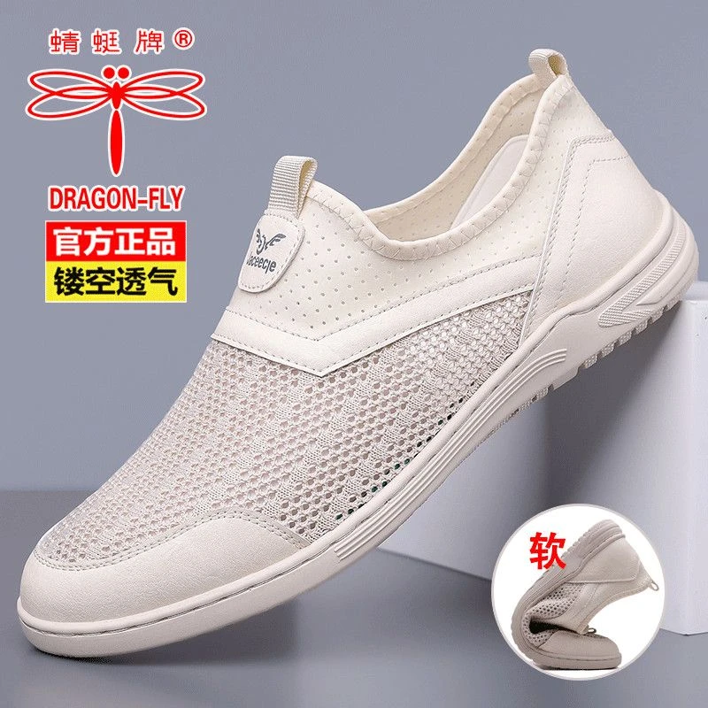 蜻蜓牌正品夏季镂空网鞋薄款透气网面软底防滑休闲一脚蹬爸爸鞋男