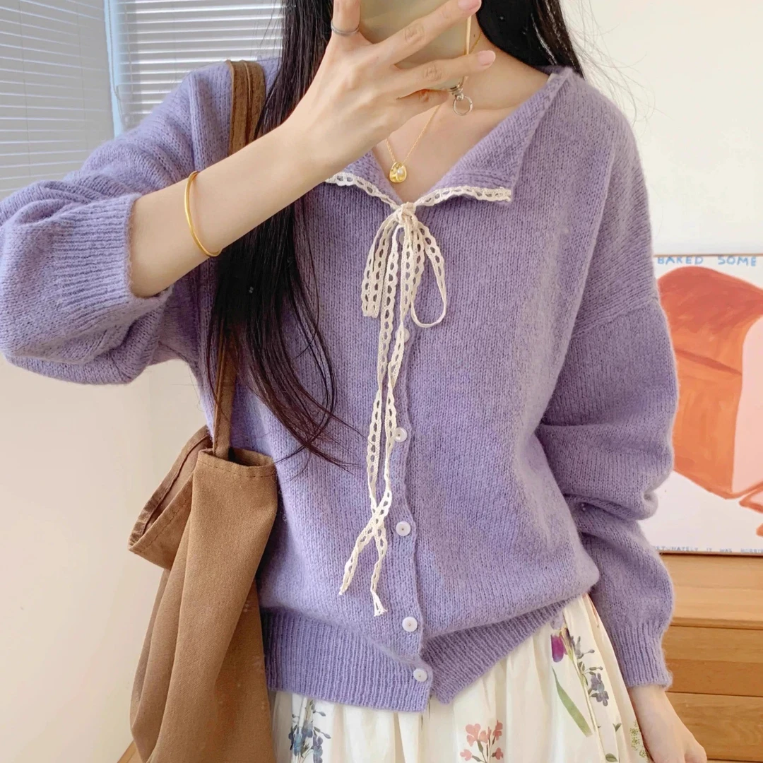 法式甜美蕾丝系带蝴蝶结针织开衫女秋季大码胖MM显瘦遮肚毛衣外套