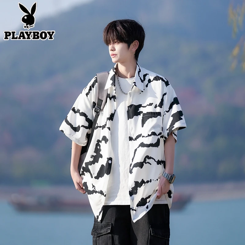 经典黑白条纹冰丝凉感衬衫男夏季潮流港风复古休闲宽松薄款衬衣