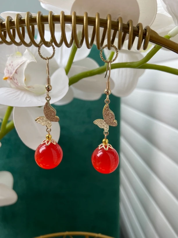 合金石英石耳饰 桔红色猫眼石蝴蝶耳饰