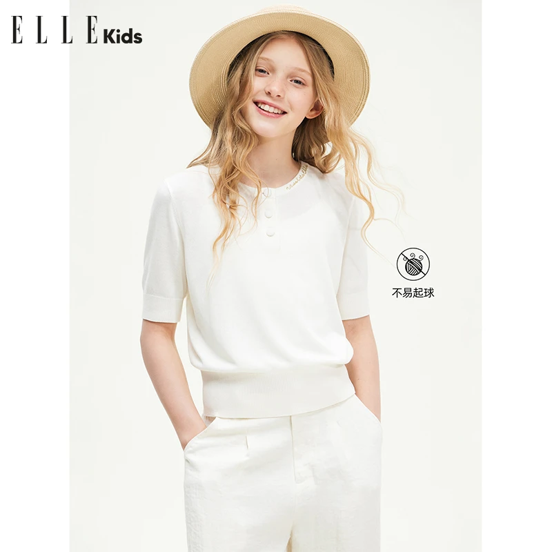 ELLE KIDS 金线绣花短袖针织衫女童夏季新款法式松弛度假上衣A2