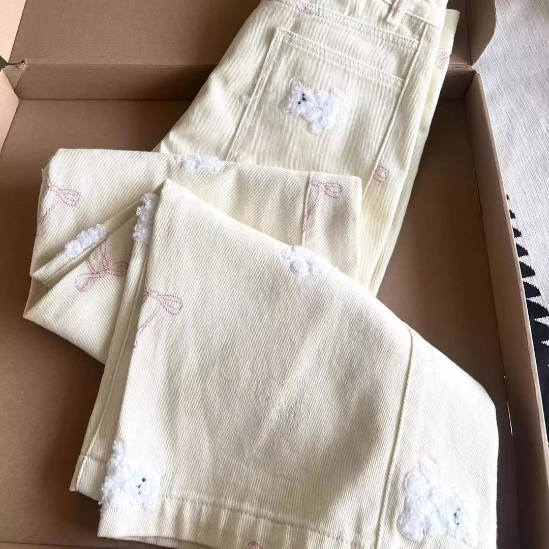 美式小熊刺绣阔腿牛仔裤女印花新款设计感直筒显瘦拖地裤子女潮流