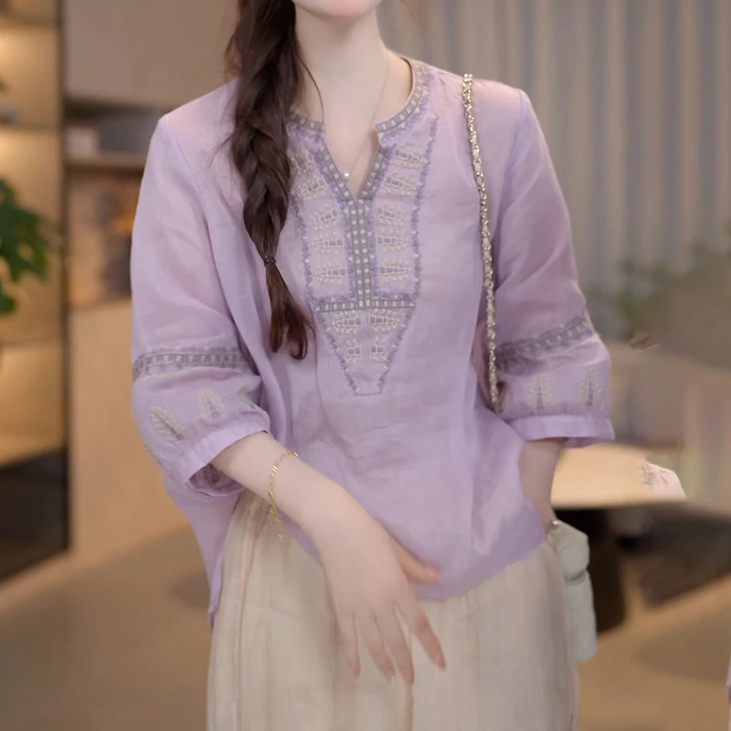 慵懒风法式设计感拼接绣花短袖衬衫女胖mm遮肉大码显瘦洋气小衫女