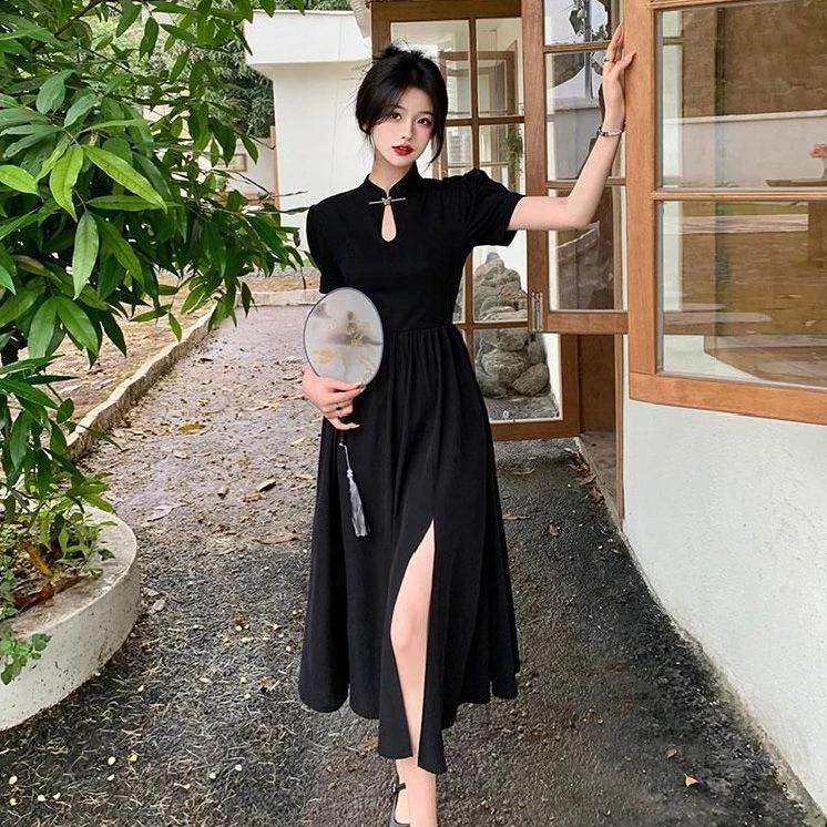 夏季2025新款女装小个子开叉长裙子新中式国风改良旗袍黑色连衣裙